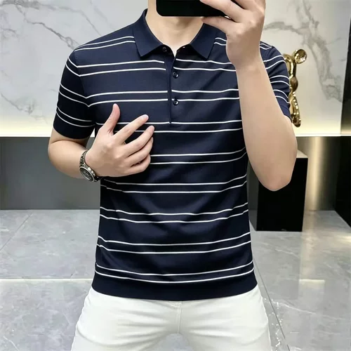 卡尔精品服饰夏季男士冰麻针织条纹翻领短袖T恤POLO衫休闲男装
