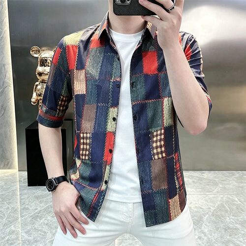 玟若服饰男装高档轻奢2026新款渐变色短袖衬衫男格子夏季休闲衬衣