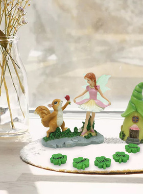 亚马逊创意树脂花仙子和松鼠花园庭院仙子雕像幸运草铺面石和房子