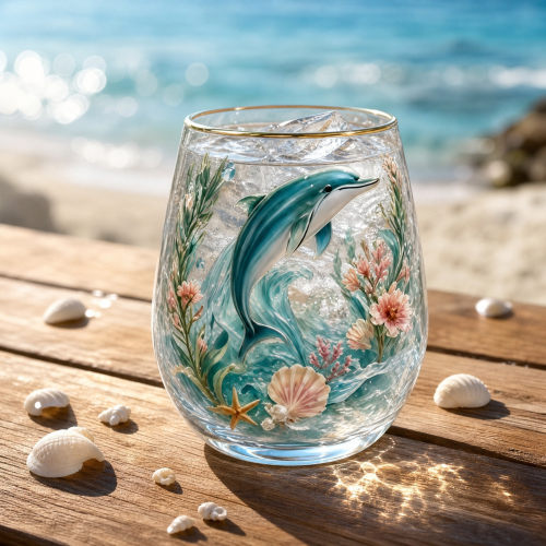 海洋海豚金边蛋形玻璃杯清新海底花卉贝壳印花水杯家用冷饮牛奶杯