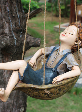 跨境秋千男孩树脂工艺品摆件园林