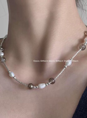 OASIS 银色涟漪天然巴洛克珍珠银管银珠串珠项链小众锁骨链颈链