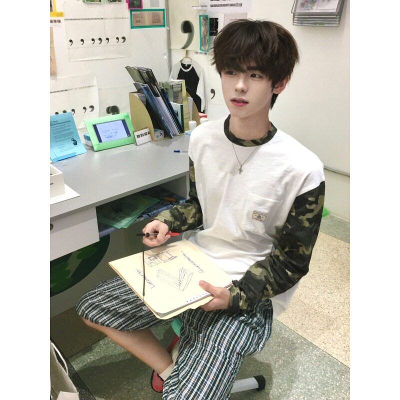 美式街头痞帅迷彩拼接撞色长袖t