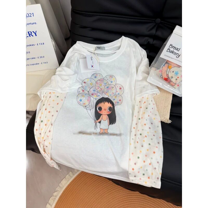 韩系甜美可爱卡通拼接网纱长袖t恤男女春秋小个子显瘦防晒衫上衣