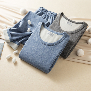 男女士蚕丝羊毛保暖套装圆领锁边加绒修身打底内衣双面磨毛秋衣裤