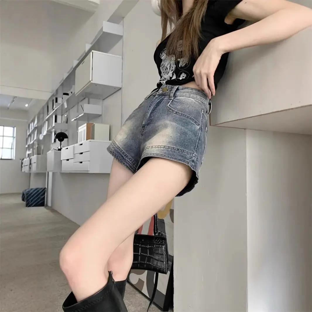 美式复古辣妹裤子水洗做旧牛仔短裤女夏季高腰显瘦热裤超短裤外穿
