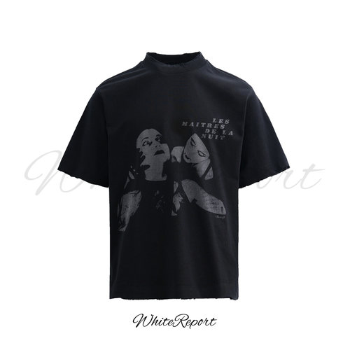 WhiteReport【夜主】法式暗黑文艺文字人物双印花黑短袖夏季T恤男
