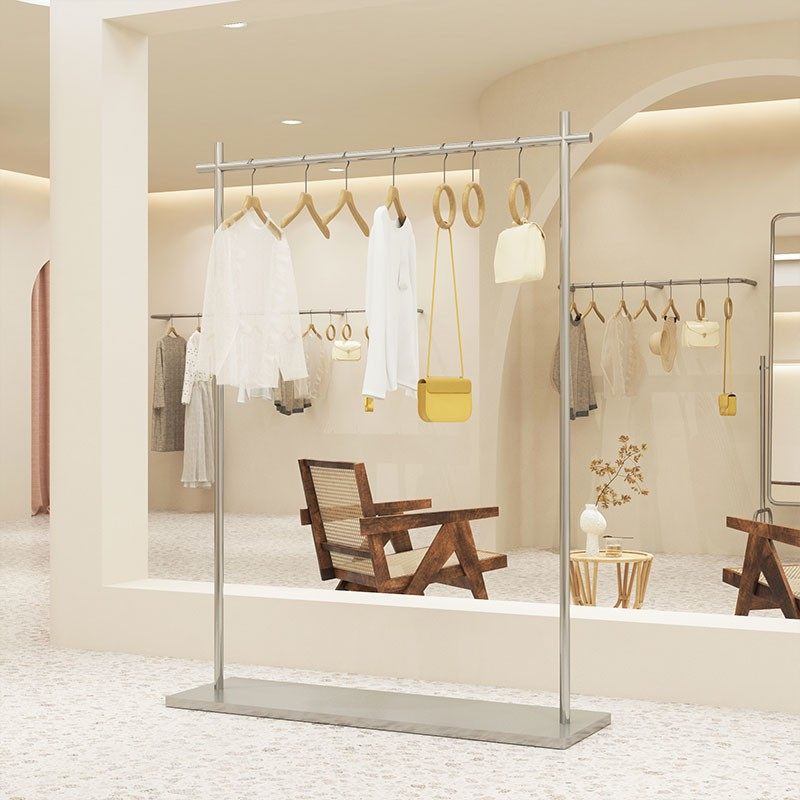 服装店中岛展架落地式不锈钢拉丝带板银色挂衣杆女装店货架陈列架