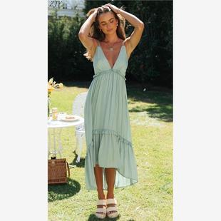 女装新款雪纺V领吊带露背系带长款连衣裙women's suspender dress