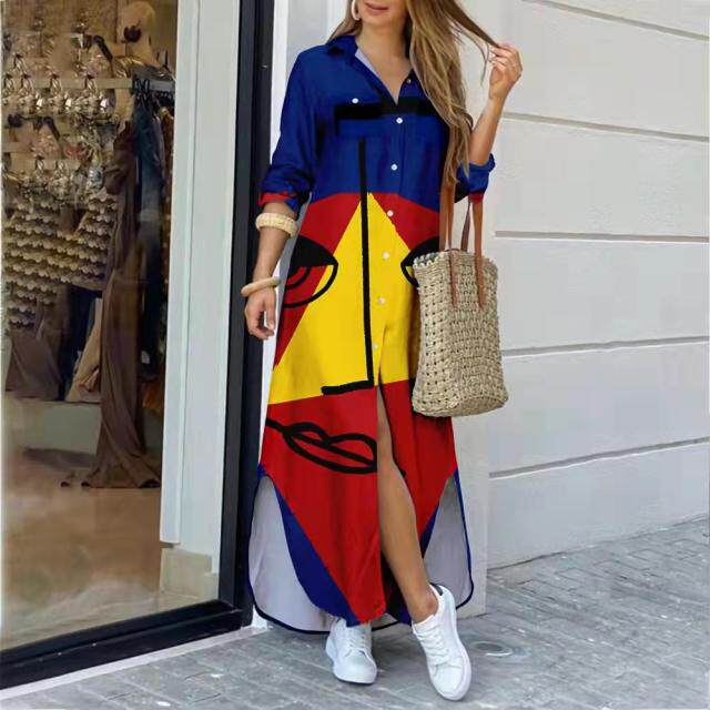 欧美春秋新款POLO领单排扣定位印花宽松长袖衬衫连衣裙长裙DRESS