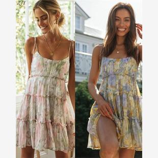 2021时尚女装吊带裙印花系带大摆连衣裙women's suspender dress