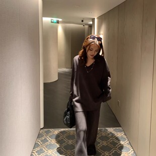 ZSS Atelier老钱风V领华夫格针织上衣直筒裤子套装休闲洋气两件套