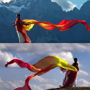 跳舞彩绸 敦煌舞飞天舞飘带 彩色渐变火焰长绸红橙黄真丝汉服披帛