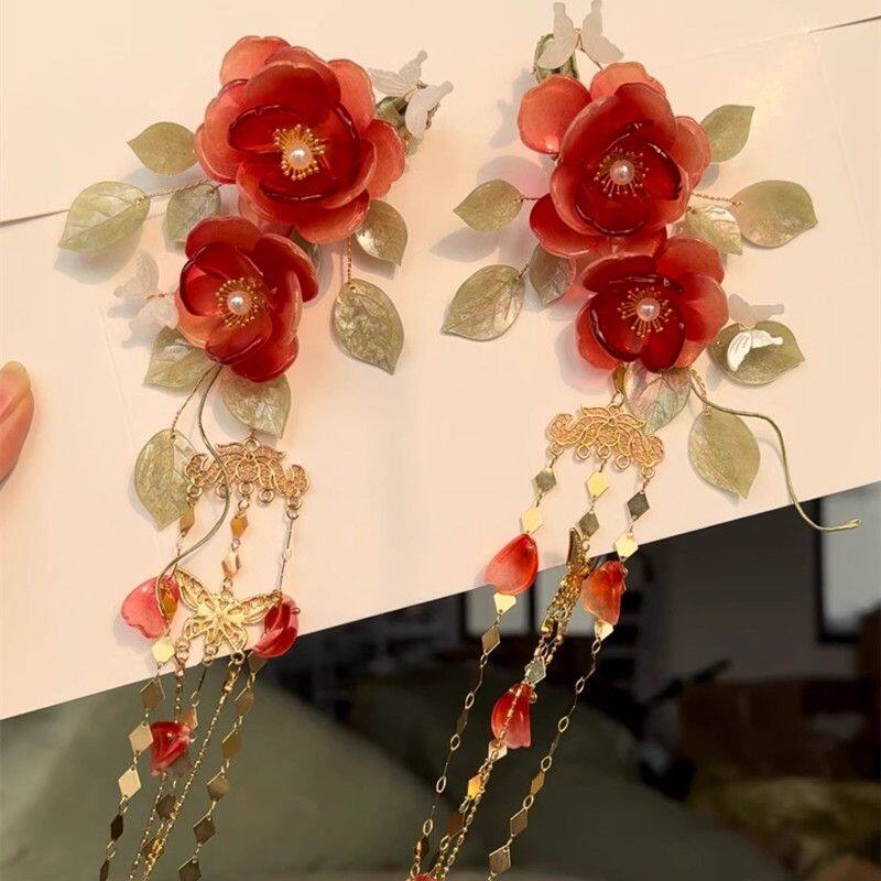 山茶花发夹汉服女款红花头饰古典国风复古森系唐风发饰侧边夹古风