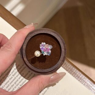 莫奈蝴蝶~多巴胺彩色锆石珍珠戒指女轻奢高级感名媛风食指戒指环