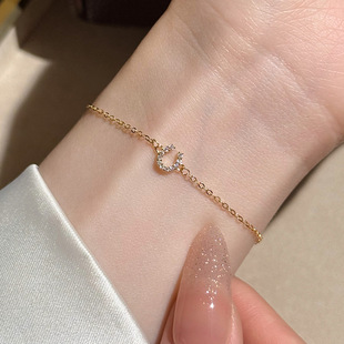 S925纯银日系轻奢满钻U形马蹄手链女镀14K金精致小众手饰潮