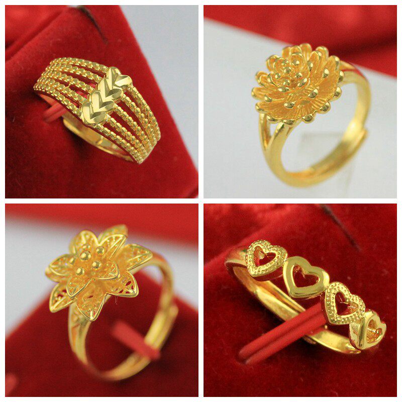 金满多 爱心梅花女士戒指 仿真黄金色个性镂空花朵女戒黄铜镀金色