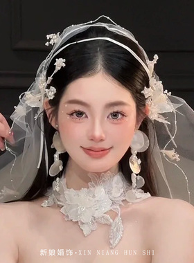 新款高级感超仙法式新娘花朵头纱唯美森系花环女结婚礼服发夹头饰