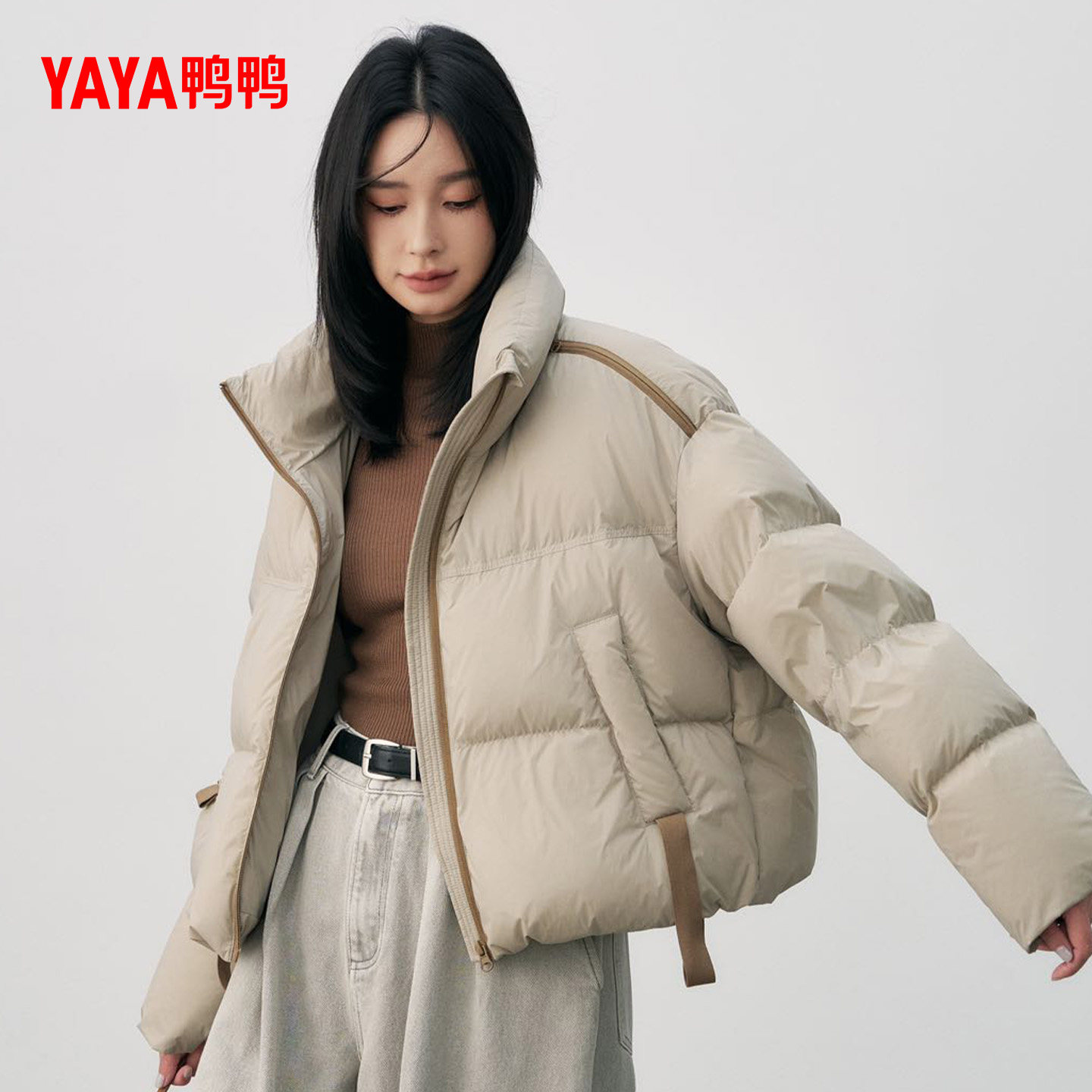鸭鸭羽绒服女2025冬季新品短款韩版小个子显瘦立领加厚保暖外套S