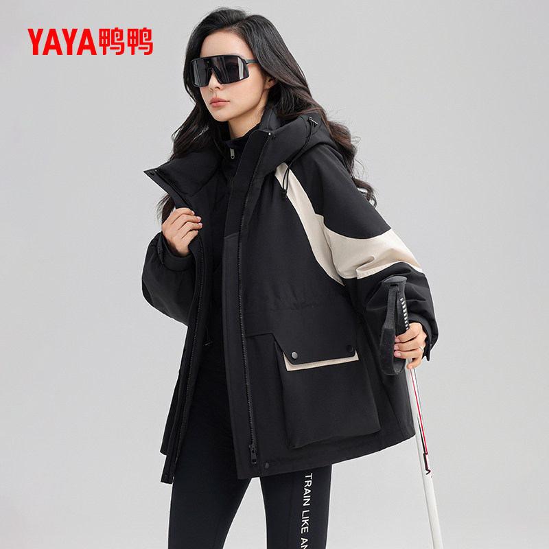 鸭鸭羽绒服女款2024年冬季新品中长款连帽时尚百搭保暖鸭绒外套S