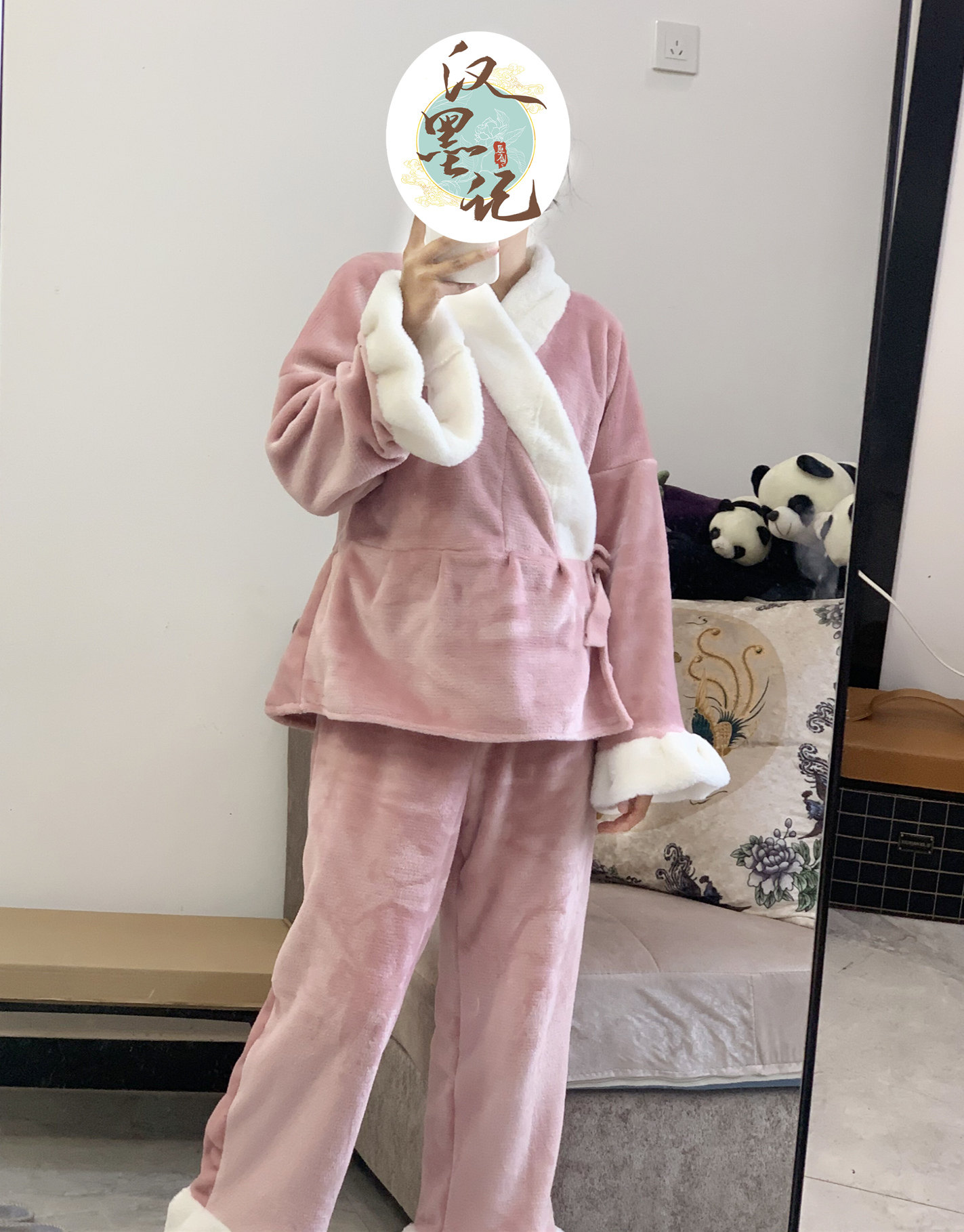 HANMOJI HANFU 가정 옷 귀여운 양면 플란넬 두꺼운 한 요소 개선 진 제 잠옷 가을 겨울 원본