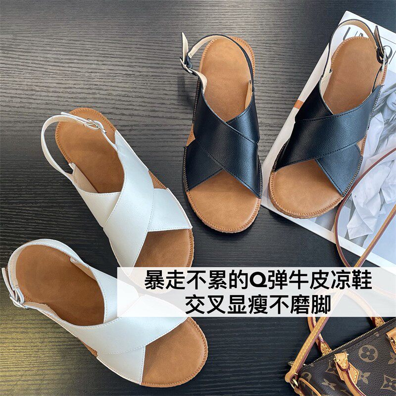 会呼吸的牛皮 任意折牛皮一字扣百搭女凉鞋