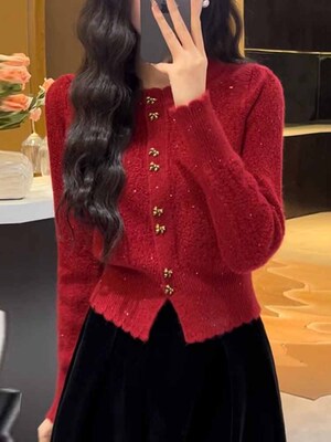 2024春装新款蝴蝶结扣子小开衫早春高级感洋气小香风毛衣外套短款