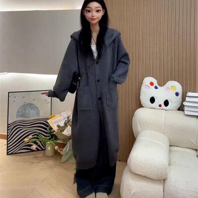 慵懒风连帽毛衣外套单排扣