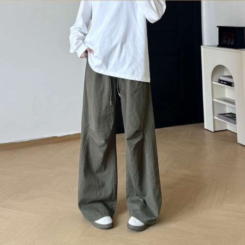 秋季不规则水洗工装裤男褶皱阔腿休闲裤秋季潮牌宽松弯刀直筒裤子