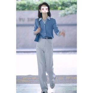 女 2025早春显瘦polo领假两件长袖 毛衣开衫 垂感直筒休闲裤 两件套装