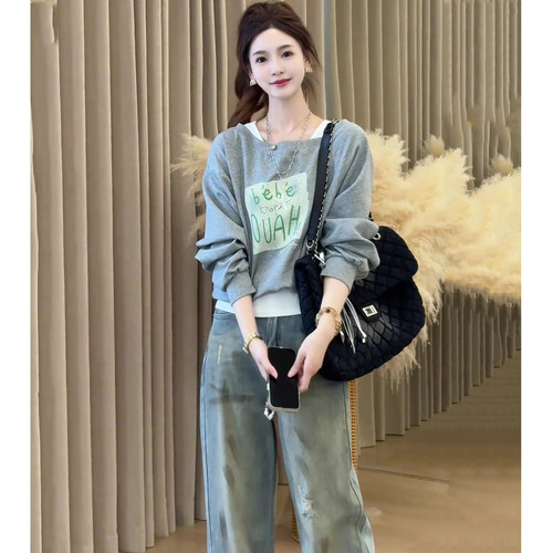 高级感撞色拼接假两件卫衣2025秋季新款字母印花宽松遮肉露肩套装