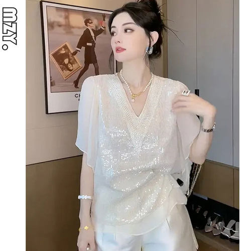 香风气质御姐减龄时尚套装女2024夏季亮片V领雪纺上衣短裤两件套