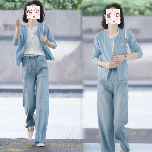 2025春季新款时尚假两件长袖开衫上衣高腰窄版阔腿牛仔裤子两件套