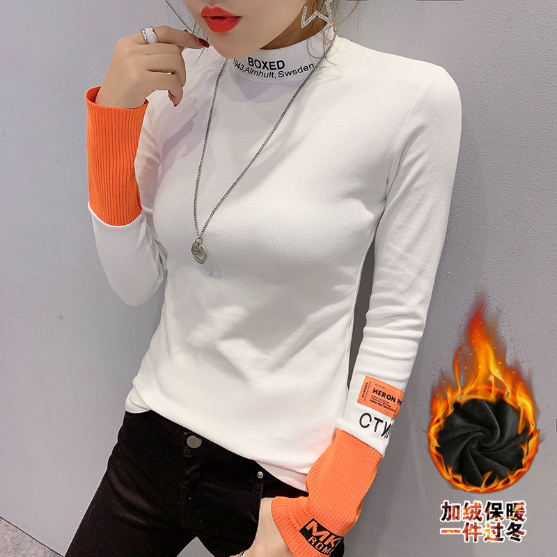 满59.00元可用20元优惠券2019秋冬新款高领白色拼接打底衫