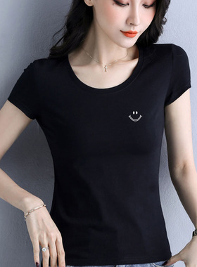 2025新款短袖T恤女夏季女士白色修身纯棉半袖短款黑色洋气上衣女