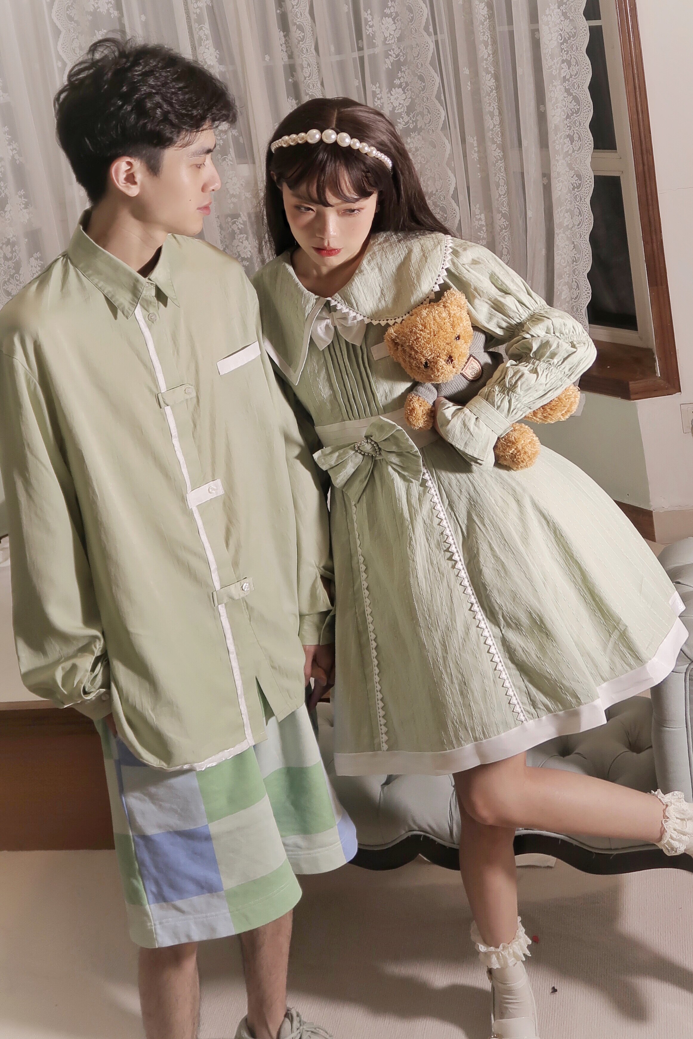 *不知春 原创纯色情侣lolita 秋冬拼色cla藕节袖衬衫