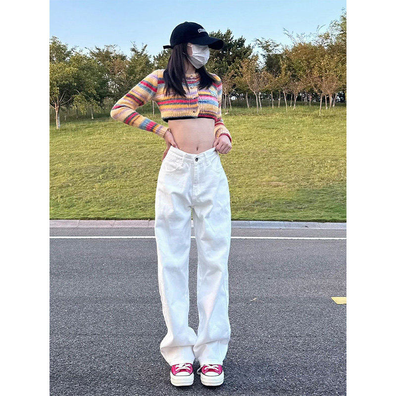 白色高腰阔腿牛仔裤女2025秋冬加绒小个子宽松显瘦垂感直筒窄版裤