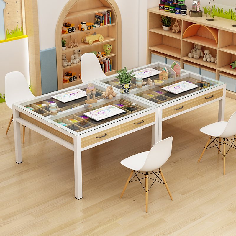 幼儿园玻璃绘画桌多格储物抽屉桌