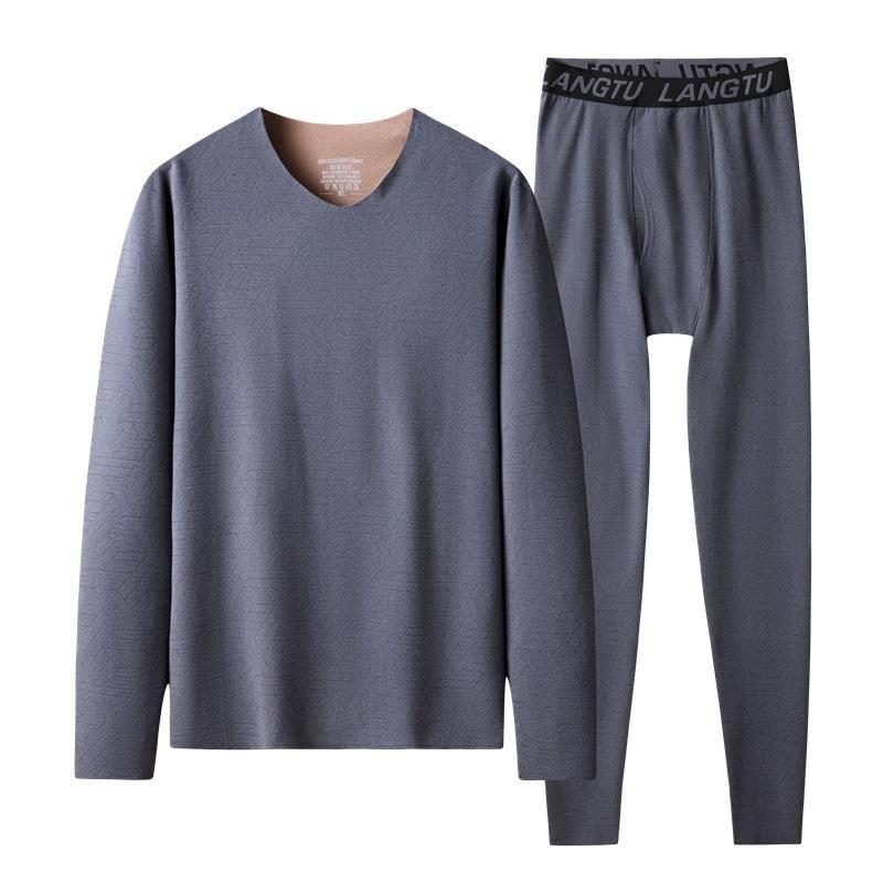 男士胖子薄绒保暖内衣套装加肥加大码秋衣秋裤V领德绒打底衫宽松