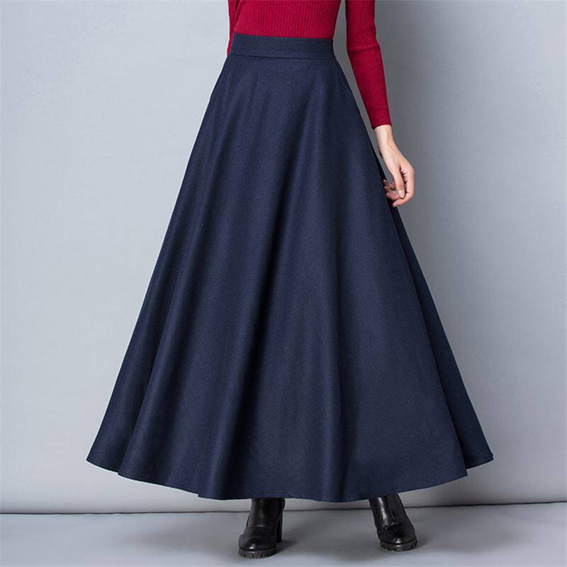 WINTER WOMEN LONG WOOLEN SKIRT FASHION HIGH WAIST BASIC WOOL