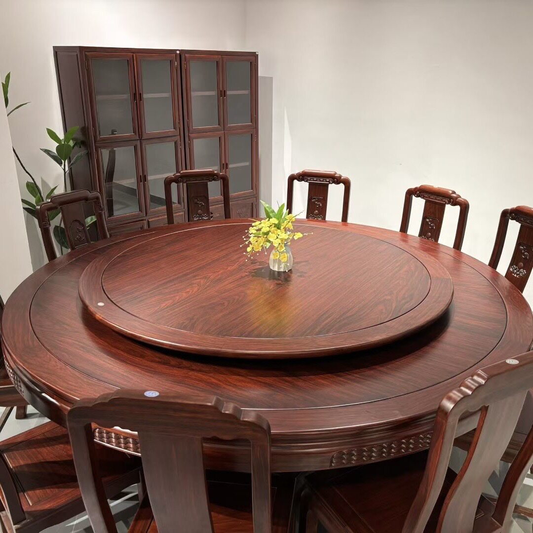 红木餐桌家具仿古圆台桌金花梨木豪华雕花圆餐桌吃饭桌实木圆桌子