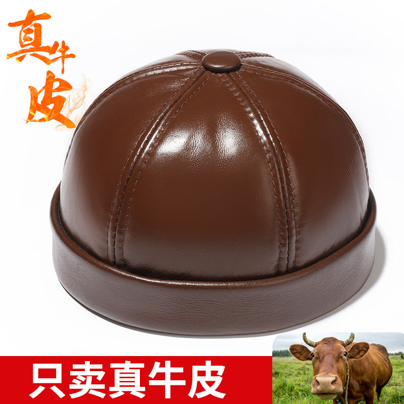 真皮复古瓜皮帽休闲地主帽中老年户外无檐棒球帽秋冬薄款圆帽子男
