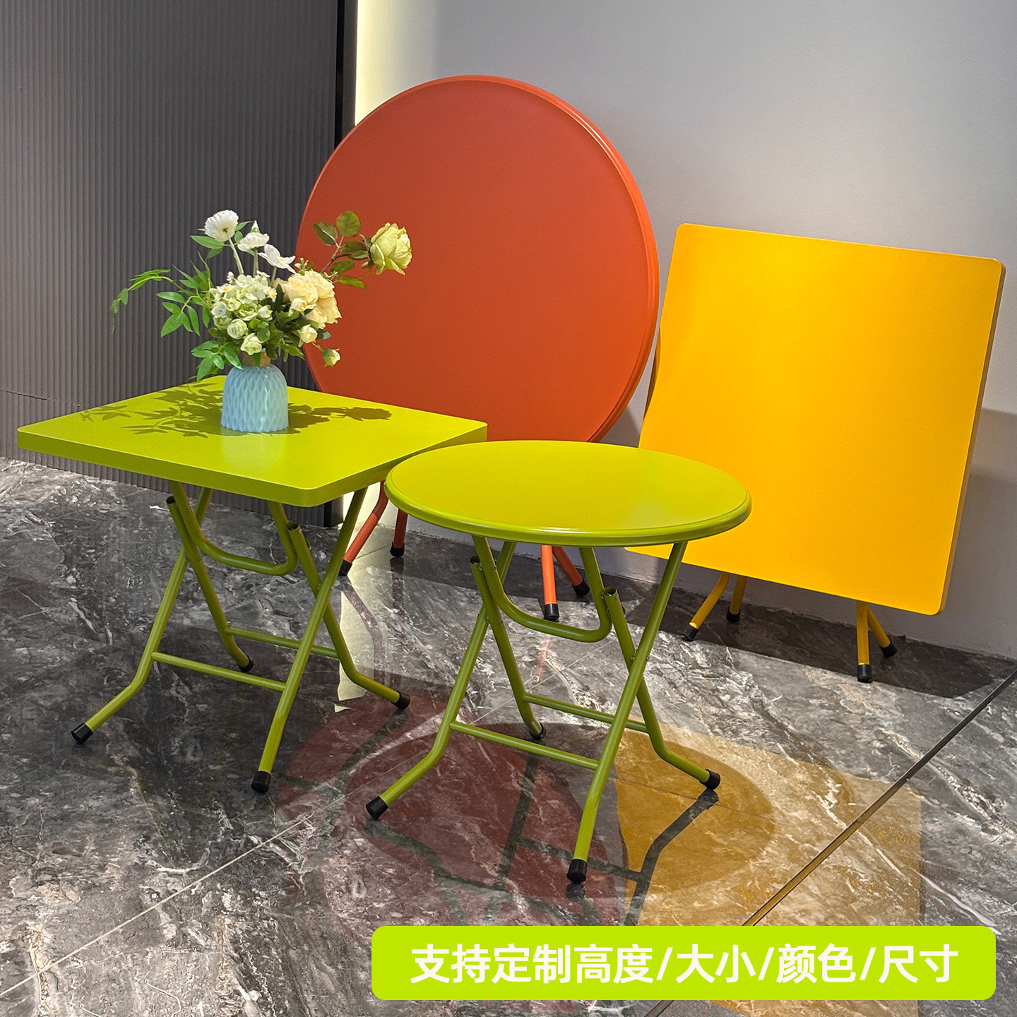 新型加厚彩色碳钢餐桌可折叠小户型圆桌吃饭家用户外橙色方桌80