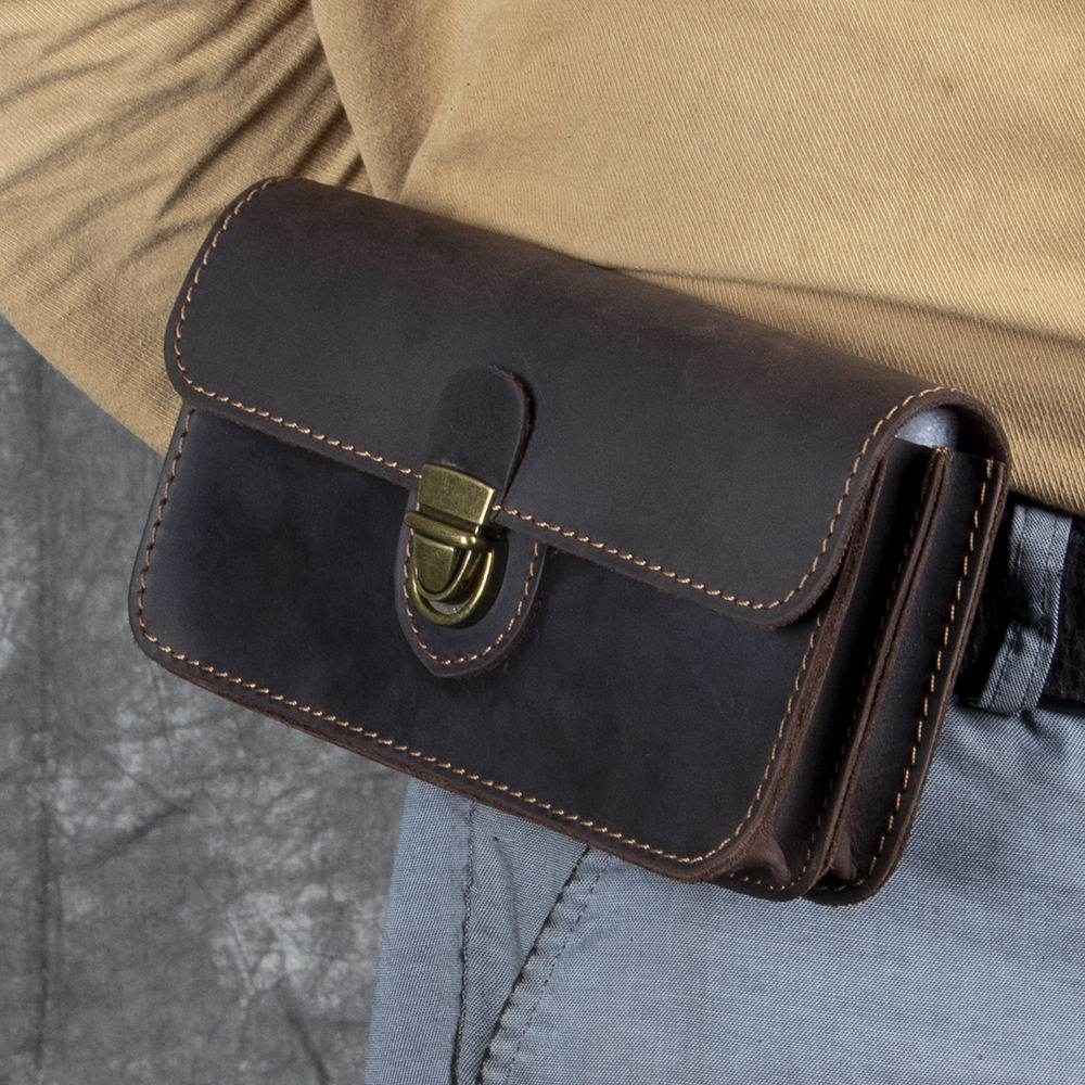 手机包男款头层牛皮手机腰包休闲双层手机腰包中老年穿皮带小腰包