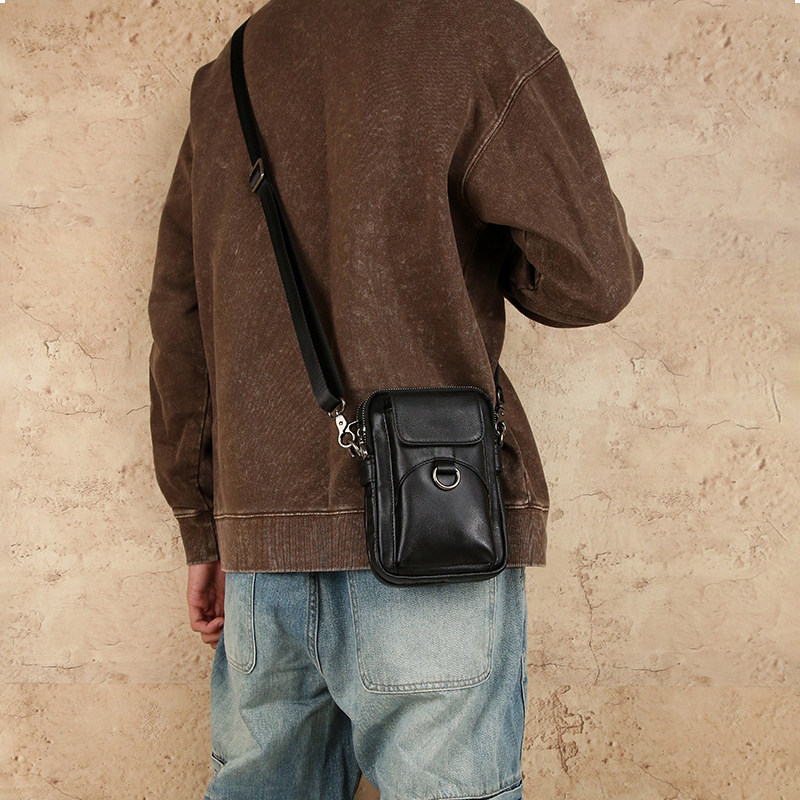 真皮手机包男士斜挎包头层牛皮单肩斜背小包多功能黑色穿皮带腰包