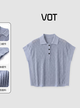 【婷仔推荐】VOT夏季宽松POLO领蝙蝠针织衫薄款上衣女