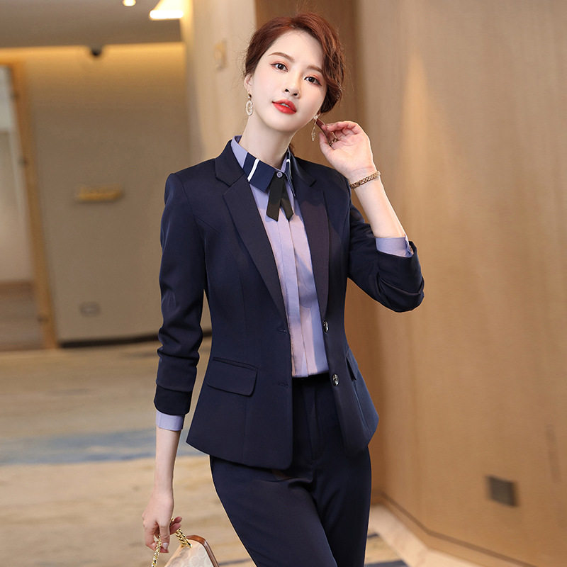 春秋二扣职业装黑色西装套装女