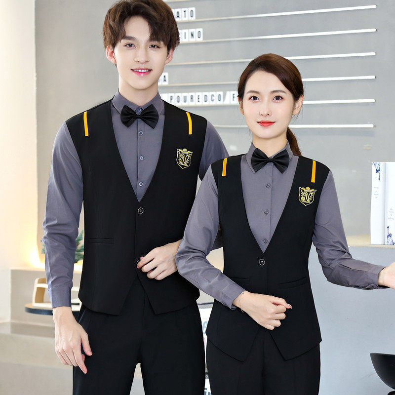 假两件马甲套装男女咖啡西餐厅酒店工装酒吧KTV服务员工作服长袖