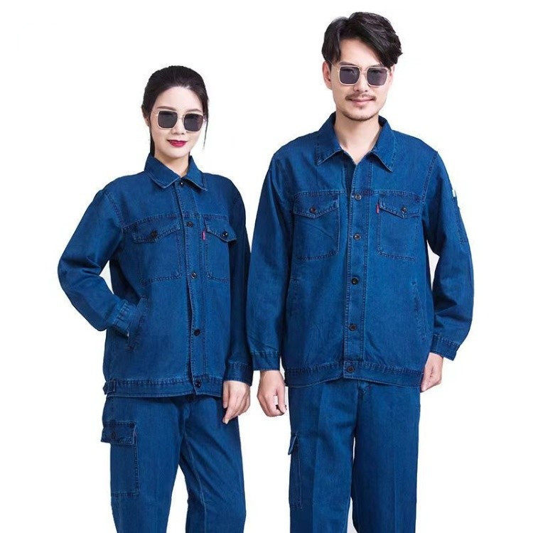 夏季薄款牛仔工作服套装男长袖电焊电工耐磨防烫多口袋车间劳保服