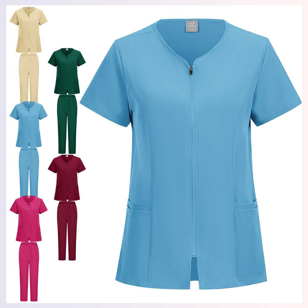 女式纯色速干护士服套装含短袖与